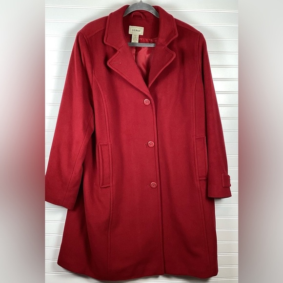 LL Bean womens red lambs wool DRESS Coat 1X Thinsulate lining-kick pleat - Picture 1 of 12